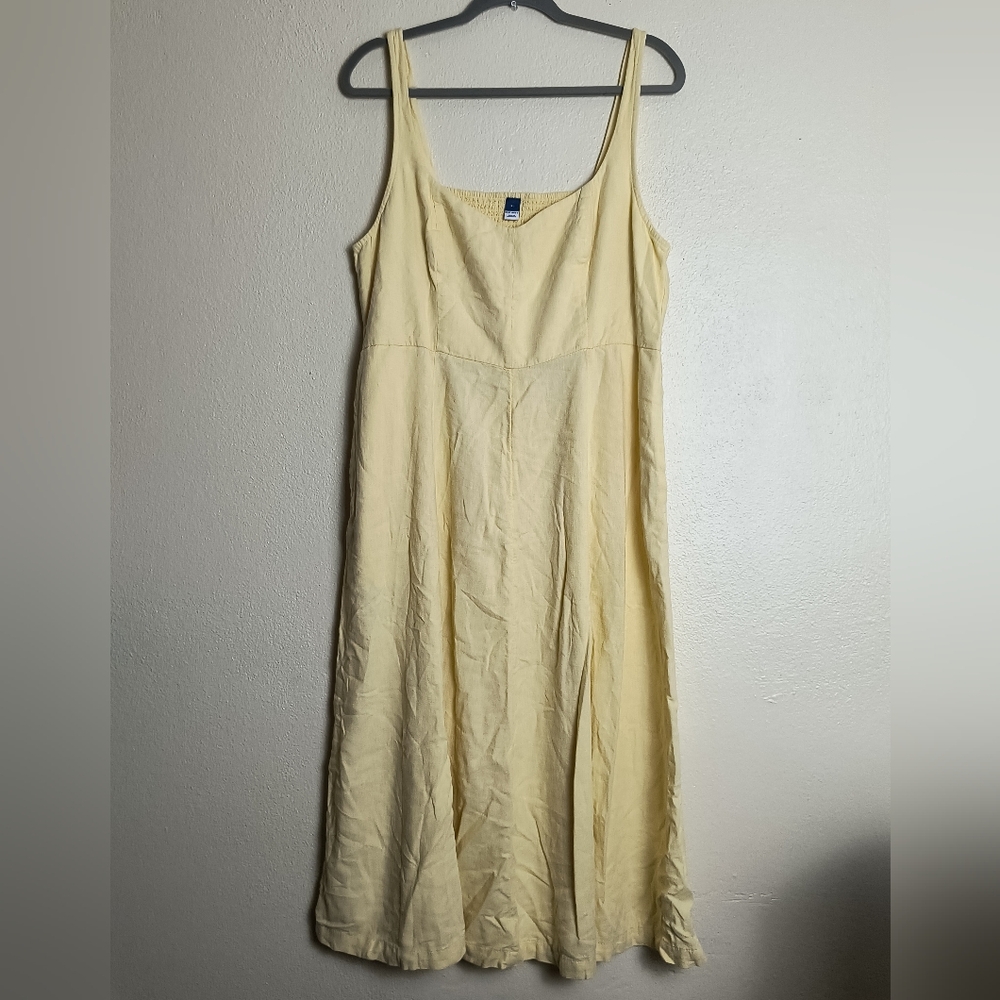 Old Navy XL Tall Light Yellow Fit & Flare Midi Dress Linen Blend V-Neck - Picture 3 of 13
